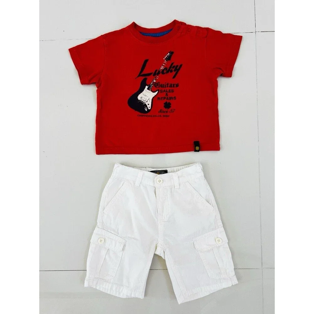 LUCKY BRAND Boys 2 Piece Outfit Set Guitar Graphic T-Shirt Cargo Shorts 24m Cute
